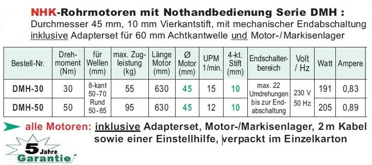 WTS - NHK-Rohrmotoren Serie DMH mit Nothandbedienung durch Kurbelstange  Ø 45 mm