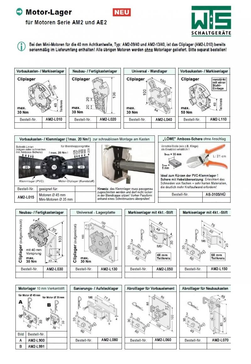 WTS - Abrolllager für Neubaukasten AM2-L070 für AM2 und AE2 Rohrantriebe Max 50Nm