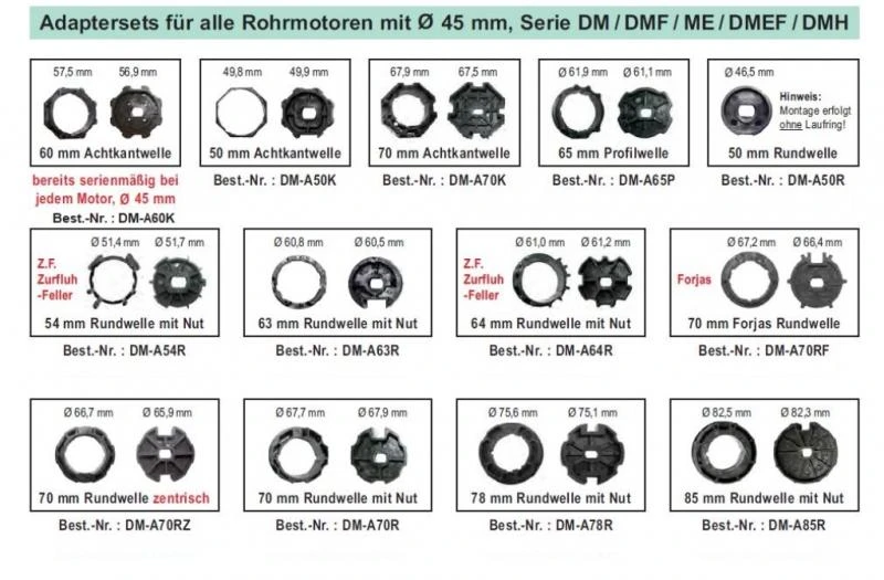 WTS - Adapterset DM-A70K : 70 mm Achtkantwelle für alle Rohrmotoren  Ø 45 mm, Serie