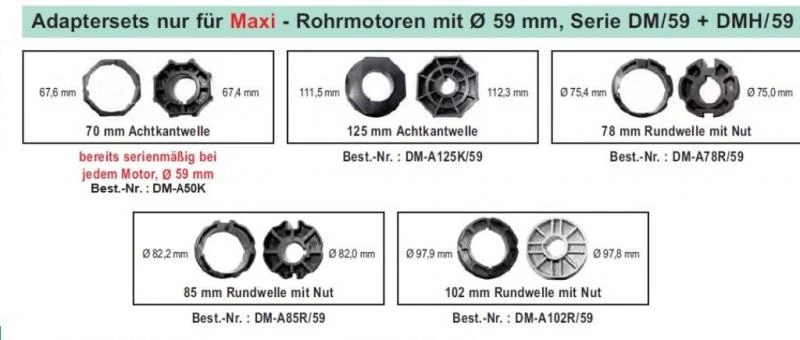 WTS - Adapterset DM-A125K-59 : 125 mm Achtkantwelle nur für Maxi - Rohrmotoren  Ø 59 mm, Serie DM-59 + DMH-59