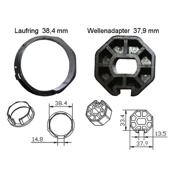 WTS - Adapterset DM-A40K - 40 mm Achtkantwelle für Mini-Rohrmotoren  Ø 35 mm, Serie DM - DMF - ME