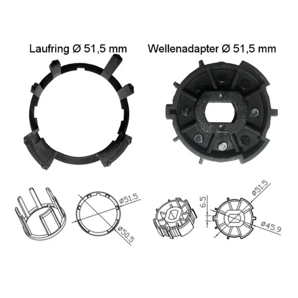 WTS - Adapterset DM-A54R : 54 mm Rundwelle mit Nut für alle Rohrmotoren  Ø 45 mm, Serie