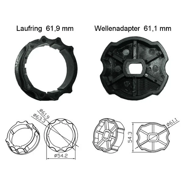 WTS - Adapterset DM-A65P : 65 mm Profilwelle für alle Rohrmotoren  Ø 45 mm, Serie