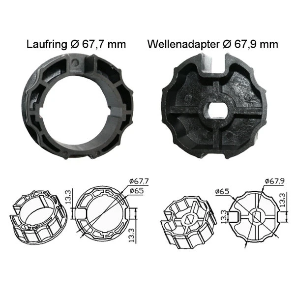 WTS - Adapterset DM-A70R : 70 mm Rundwelle mit Nut für alle Rohrmotoren  Ø 45 mm, Serie